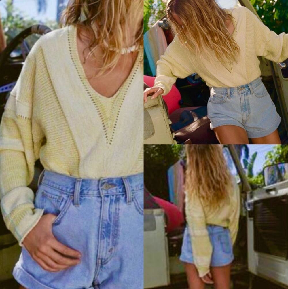 FREE PEOPLE Lemonade Stand V-Neck Sweater Pastel Yellow Pointelle Boho Knit Top